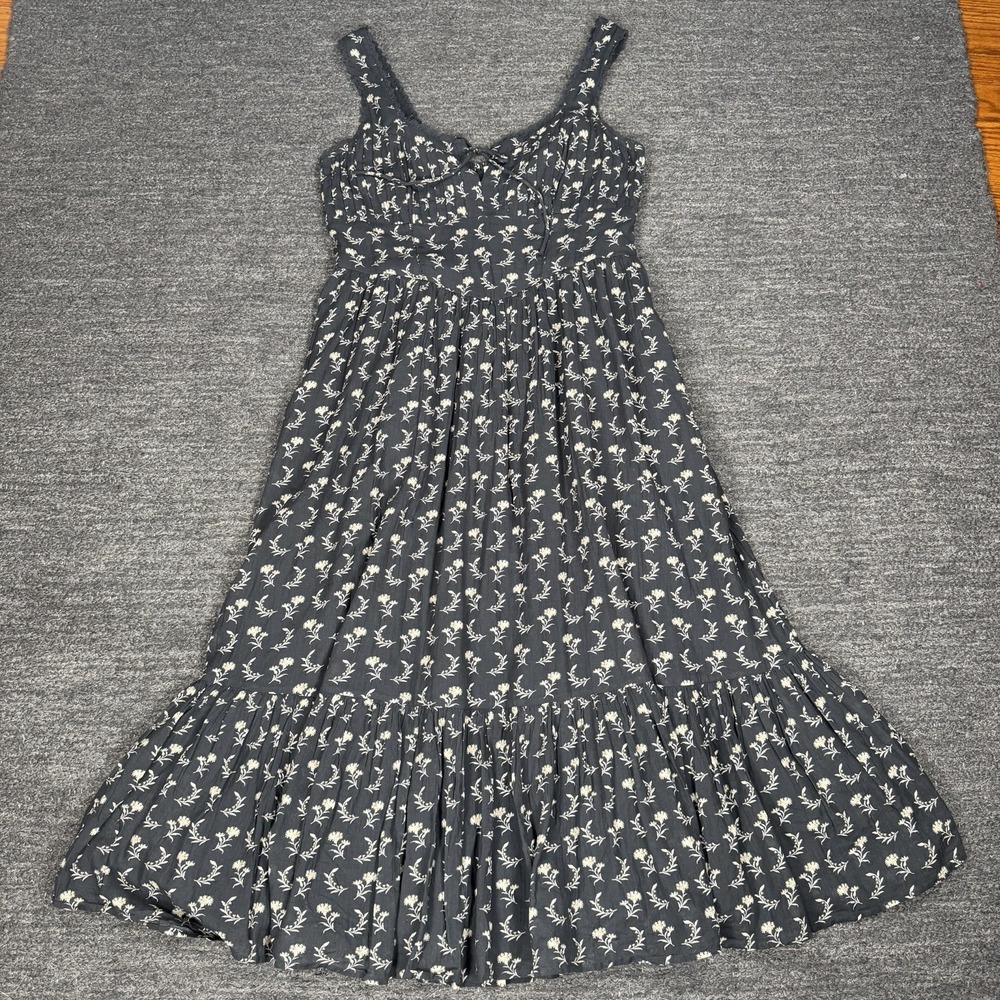 American Eagle Corset Tiered Midi Dress Women Large Gray Floral Milkmaid Cottage - Picture 2 of 13